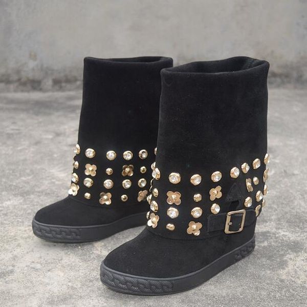 woman fashion flower crystal rivets black suede studs mid-calf shoes fold slip on round toe hidden wedge short boots 
woman fashion flower crystal rivets black suede studs mid-calf shoes fold slip on round toe hidden wedge short boots