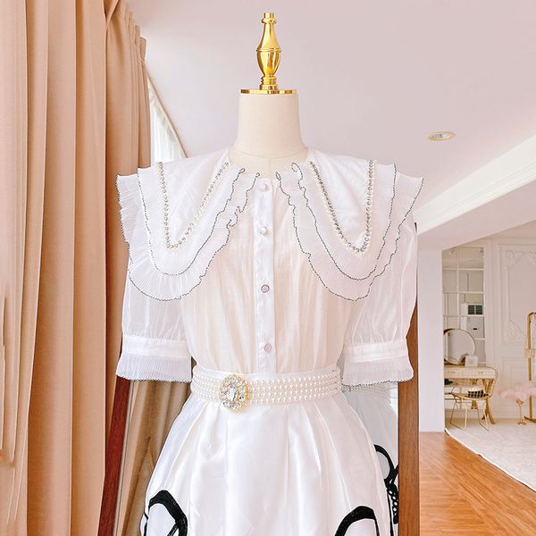 2021 french style elegant double-layer blouse ruffled beaded doll collar shirt for women summer loose thin see-through blusas, White
2021 french style elegant double-layer blouse ruffled beaded doll collar shirt for women summer loose thin see-through blusas, White