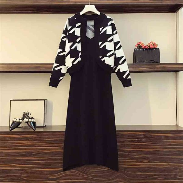 elegant knitted two piece houndstooth sets feamle fall winter asymmetry cardigans sweater +sling dress suits 210602, Black;gray
elegant knitted two piece houndstooth sets feamle fall winter asymmetry cardigans sweater +sling dress suits 210602, Black;gray