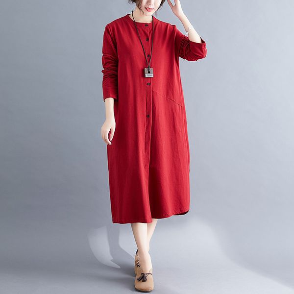johnature autumn women clothes leisure loose dress full sleeve button o-neck casual solid color all-match women dresses 210521, Black;gray
johnature autumn women clothes leisure loose dress full sleeve button o-neck casual solid color all-match women dresses 210521, Black;gray