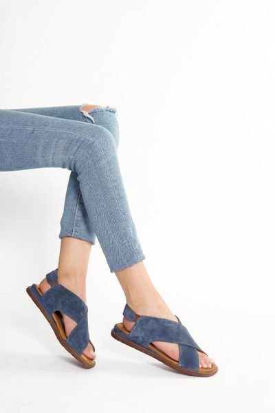 sandals genuine leather denim blue women, Black