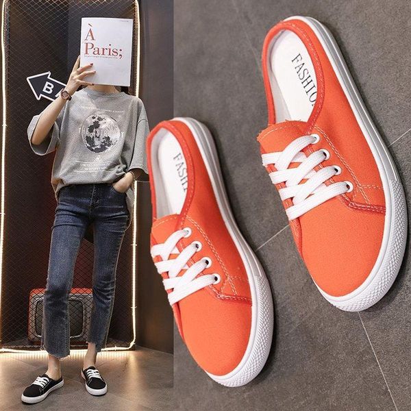slippers summer style lace-up baotou half women 2021 fashion no heel canvas shoes flat drag lazy, Black