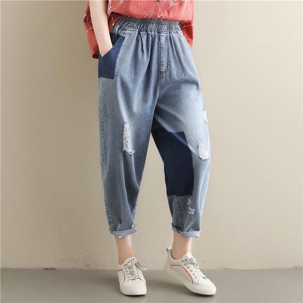 women's jeans summer arts style women elastic waist loose vintage ripped cotton denim casual ankle-length harem pants plus size s939, Blue
women's jeans summer arts style women elastic waist loose vintage ripped cotton denim casual ankle-length harem pants plus size s939, Blue