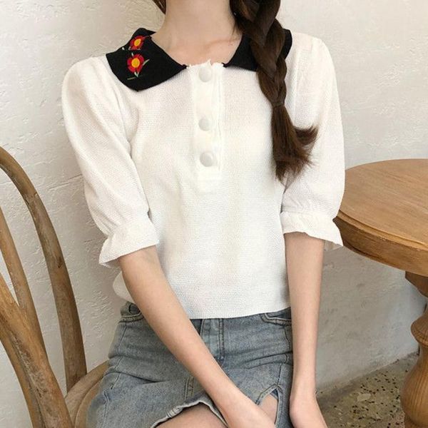 women's sweaters summer embroidery collar knitted women short sleeve pullovers clothes chic button solid thin, White;black
women's sweaters summer embroidery collar knitted women short sleeve pullovers clothes chic button solid thin, White;black