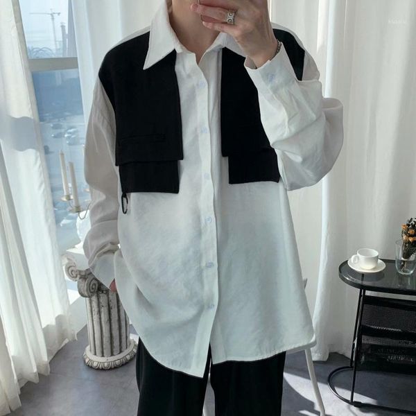 men's casual shirts 2021 autumn turn-down collar long sleeve white patchwork shirt for men loose cuasal japan style clothing, White;black
men's casual shirts 2021 autumn turn-down collar long sleeve white patchwork shirt for men loose cuasal japan style clothing, White;black