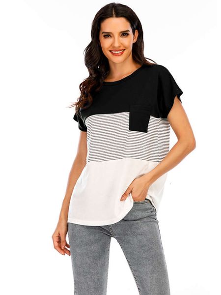 women's t-shirt fashion 2021 summer stripe splicing round neck short sleeve 9h61, White
women's t-shirt fashion 2021 summer stripe splicing round neck short sleeve 9h61, White