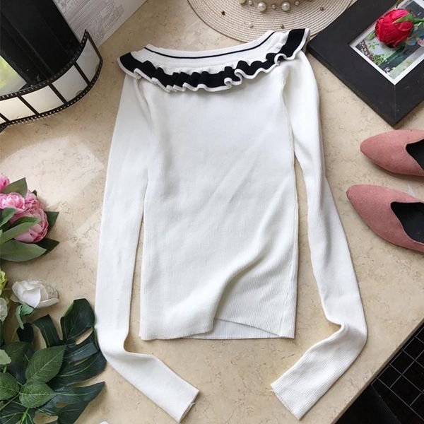 women's sweaters 2021 autumn winter one word collar pure knitted fashion pullovers female solid color knit cc128, White;black
women's sweaters 2021 autumn winter one word collar pure knitted fashion pullovers female solid color knit cc128, White;black