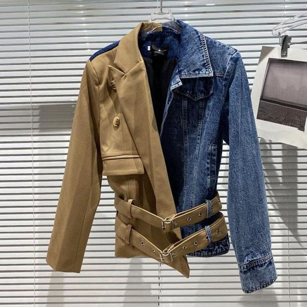women's suits & blazers seebeautiful contrast color denim spliced loose blazer coat notched long sleeve double belts women autumn 2021, White;black
women's suits & blazers seebeautiful contrast color denim spliced loose blazer coat notched long sleeve double belts women autumn 2021, White;black