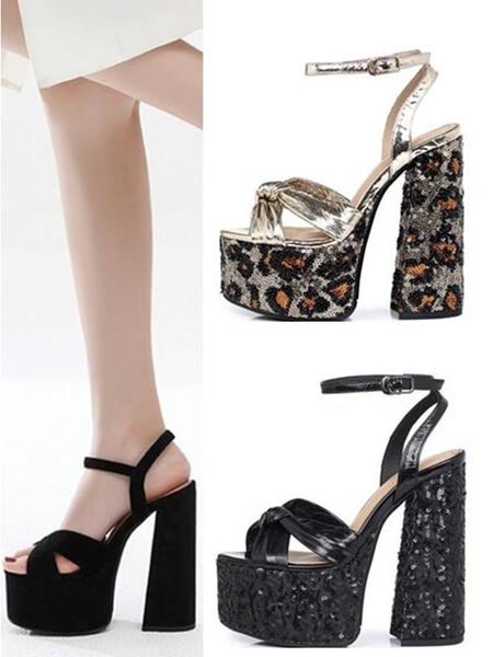 super high chunk heel platform leather sandals woman open toe sequins sandal real pos, Black
super high chunk heel platform leather sandals woman open toe sequins sandal real pos, Black