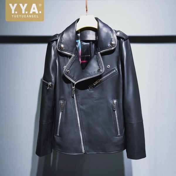 women's leather & faux personality autumn street women moto genuine jacket long sleeve lapel zippers sheepskin coat biker outerwear pun, Black
women's leather & faux personality autumn street women moto genuine jacket long sleeve lapel zippers sheepskin coat biker outerwear pun, Black