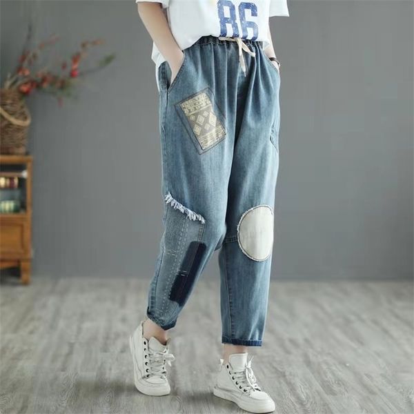summer arts style women elastic waist harem pants loose casual cotton denim patchwork ankle-length jeans w273 210512, Blue
summer arts style women elastic waist harem pants loose casual cotton denim patchwork ankle-length jeans w273 210512, Blue