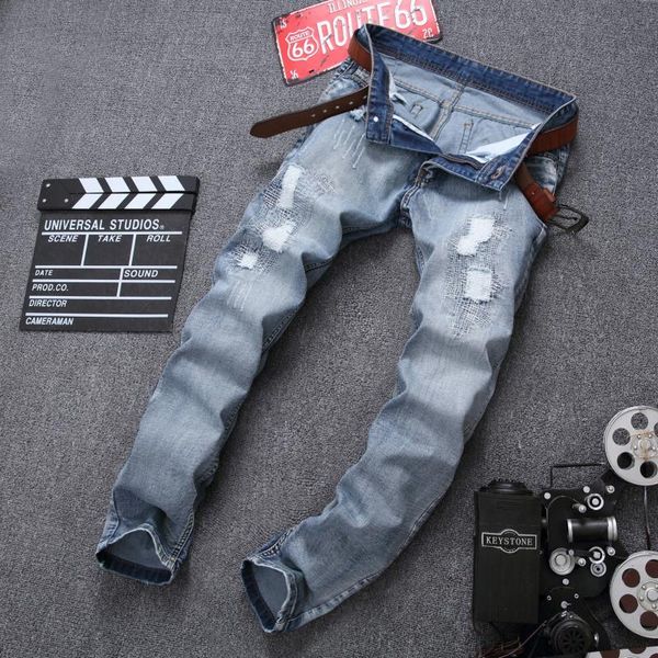men's jeans streetwear fashion boy's casual slim light blue washed denim pants male ripped holes mill white straight cowboy trouse
men's jeans streetwear fashion boy's casual slim light blue washed denim pants male ripped holes mill white straight cowboy trouse
