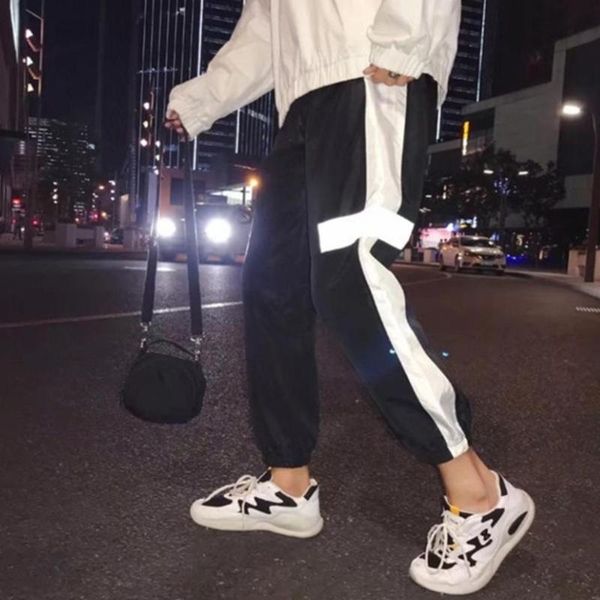 men reflective side stripe waist drawstring hip hop beam pants sports trousers men's, Black
men reflective side stripe waist drawstring hip hop beam pants sports trousers men's, Black