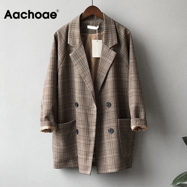 vintage plaid blazer jacket for women loose long sleeve office coat with pockets casual double breasted outerwear, Black;white
vintage plaid blazer jacket for women loose long sleeve office coat with pockets casual double breasted outerwear, Black;white