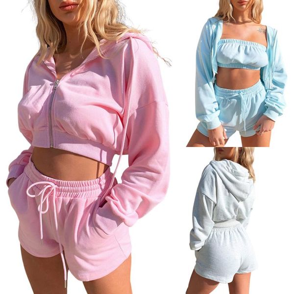 women's tracksuits suit three-piece sports clothes casual set solid color hooded jacket tube and drawstring shorts, Gray
women's tracksuits suit three-piece sports clothes casual set solid color hooded jacket tube and drawstring shorts, Gray