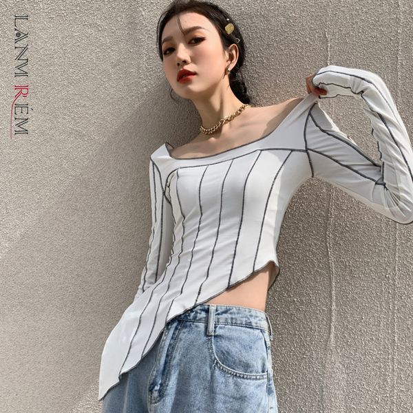 irregular long sleeve t-shirt slim striped shirt white gray color square collar female summer 2d1151 210507
irregular long sleeve t-shirt slim striped shirt white gray color square collar female summer 2d1151 210507