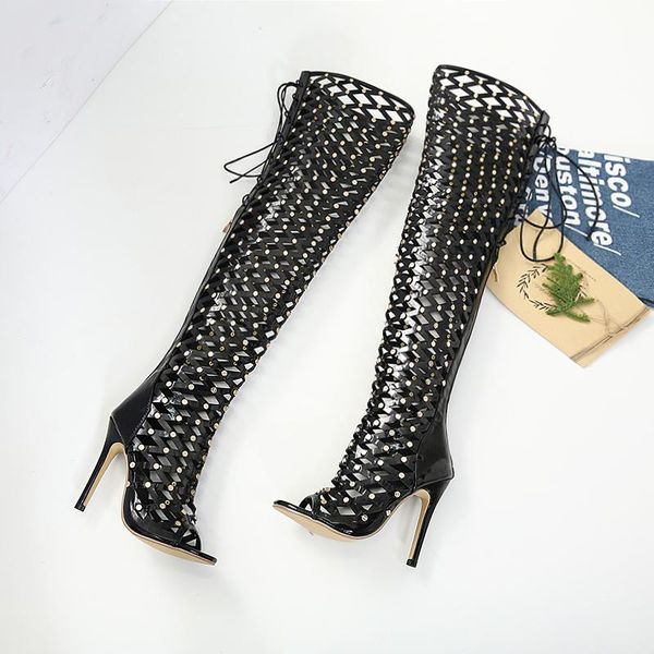over the knee boots hollow sandals gladiator high heels rivet night club fashion tassel lace up party shoes, Black
over the knee boots hollow sandals gladiator high heels rivet night club fashion tassel lace up party shoes, Black