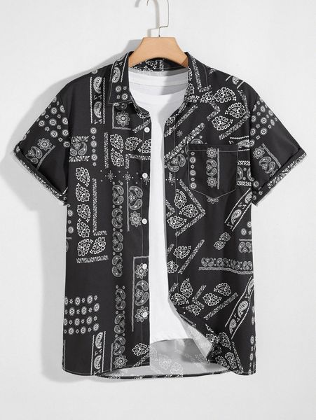 men paisley print button front pocket patched shirt n32t#, White;black