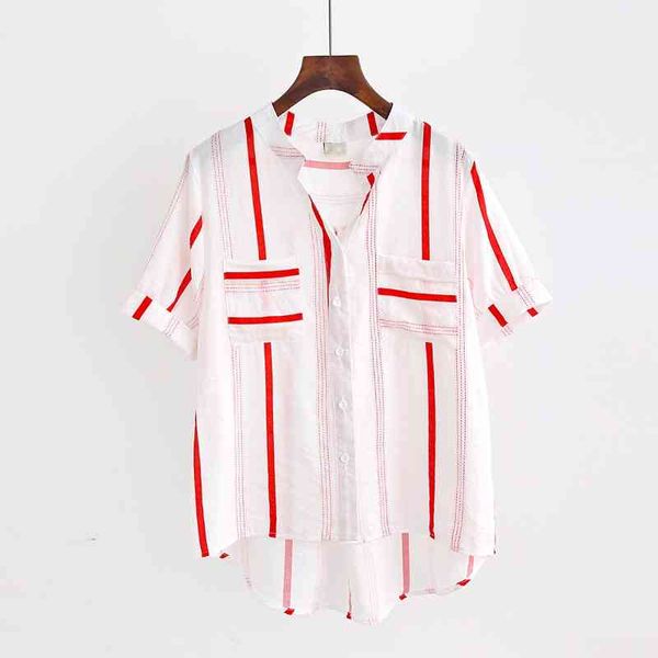 blue red yellow strip v neck pocket loose shirt blouse short sleeve half women b0090 210514, White
blue red yellow strip v neck pocket loose shirt blouse short sleeve half women b0090 210514, White