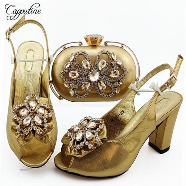 dress shoes gold color elegant decorated with rhinestone and bag set african summer high heels for evening, Black
dress shoes gold color elegant decorated with rhinestone and bag set african summer high heels for evening, Black