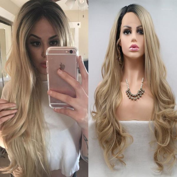 body wave blonde with dark roots twotone synthetic lace front gold wig heat resistant replacement for women daily wear cosplay wigs1, Black
body wave blonde with dark roots twotone synthetic lace front gold wig heat resistant replacement for women daily wear cosplay wigs1, Black