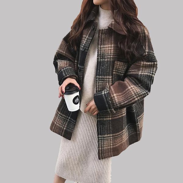 women's wool & blends coat autumn winter 2021 fashion classic plaid woolen jacket loose thicken long outerwear female, Black
women's wool & blends coat autumn winter 2021 fashion classic plaid woolen jacket loose thicken long outerwear female, Black
