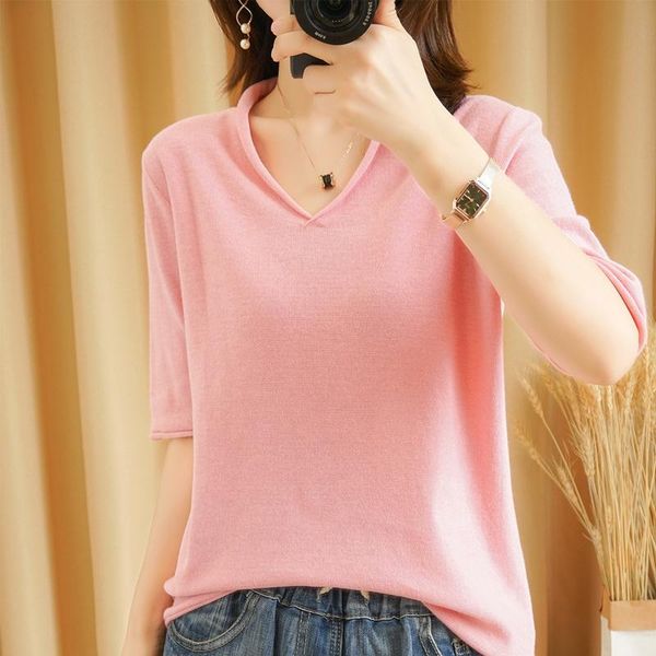 summer fine wool women's v-neck outer wear loose thin half-sleeved knitted bottoming shirt short-sleeved sweater t-shirt, White
summer fine wool women's v-neck outer wear loose thin half-sleeved knitted bottoming shirt short-sleeved sweater t-shirt, White