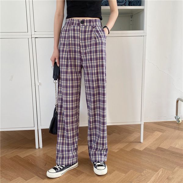 pants chic geometric women casual high waist full length pants soft large size plaid loose straight trousers, White
pants chic geometric women casual high waist full length pants soft large size plaid loose straight trousers, White