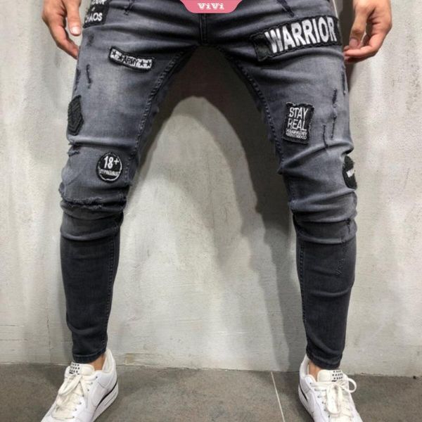 men's jeans small feet slim male ripped badge patch trousers casual thin slim-fit denim classic, Blue
men's jeans small feet slim male ripped badge patch trousers casual thin slim-fit denim classic, Blue