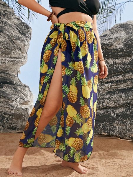 plus pineapple print cover up skirt q3gh#, Black