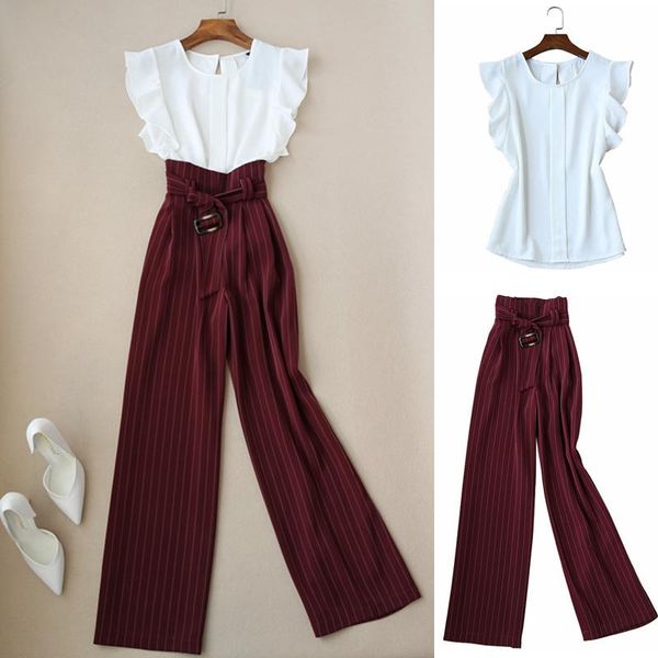 two piece dress women's suit 2021 summer korean fashion chiffon shirt was thin stripe wide leg pants set of temperament clothing, White
two piece dress women's suit 2021 summer korean fashion chiffon shirt was thin stripe wide leg pants set of temperament clothing, White