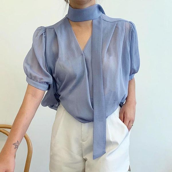women's polos korean chic summer temperament is gentle and thin v-neck cross-neck ribbon design loose solid color short-sleeved shirt, White
women's polos korean chic summer temperament is gentle and thin v-neck cross-neck ribbon design loose solid color short-sleeved shirt, White