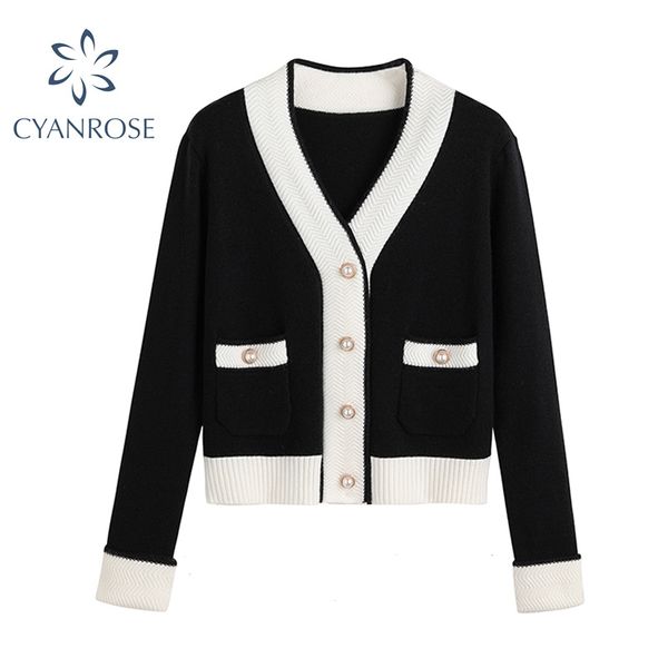 women short cardigan knitted sweater autumn winter long sleeve button coat elegant korean vintage cozy women's knitwear 210417, White;black
women short cardigan knitted sweater autumn winter long sleeve button coat elegant korean vintage cozy women's knitwear 210417, White;black