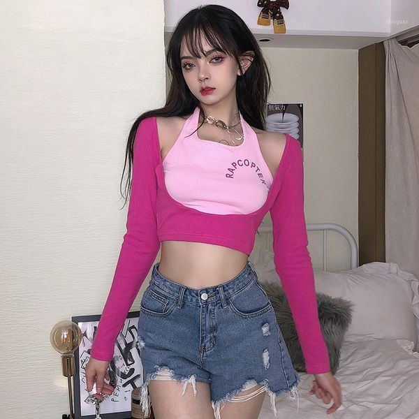 women's t-shirt spring and autumn girly feeling full stitching pink fake two-piece hanging neck strapless short corset women top, White
women's t-shirt spring and autumn girly feeling full stitching pink fake two-piece hanging neck strapless short corset women top, White