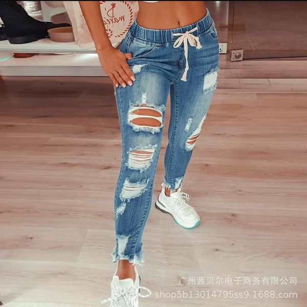 women's fashion hip hop broken holes denim jeans drawstring ripped pencil pants, Blue
women's fashion hip hop broken holes denim jeans drawstring ripped pencil pants, Blue