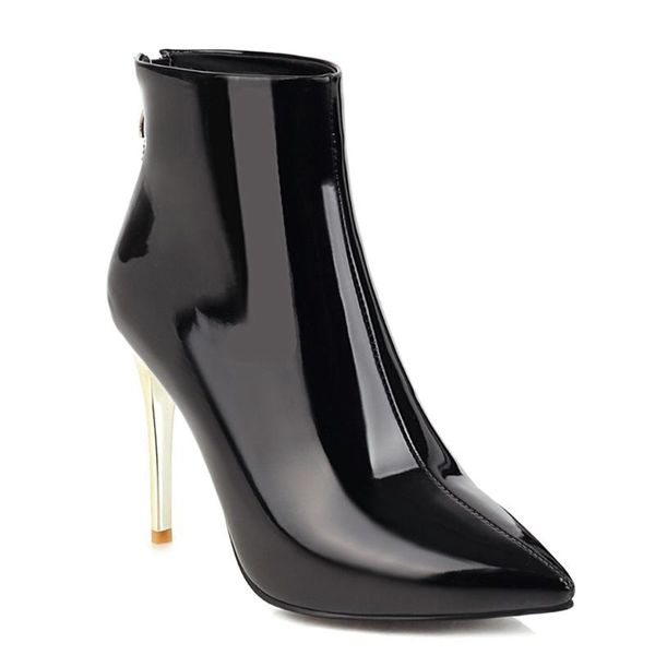 boots pointed super high metal stiletto ankle patent leather heel zipper short yellow women's shoes, Black
boots pointed super high metal stiletto ankle patent leather heel zipper short yellow women's shoes, Black
