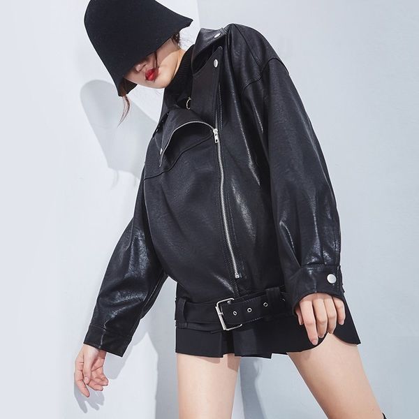 fitaylor autumn women faux pu soft leather turndown collar black punk motorcycle zipper loose jacket outwear with belt 201124
fitaylor autumn women faux pu soft leather turndown collar black punk motorcycle zipper loose jacket outwear with belt 201124