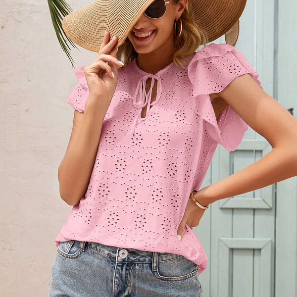 women ruffle sleeve hollow out t shirt solid color bandage o-neck casual streetwear female summer plus size ladies 210608, White
women ruffle sleeve hollow out t shirt solid color bandage o-neck casual streetwear female summer plus size ladies 210608, White