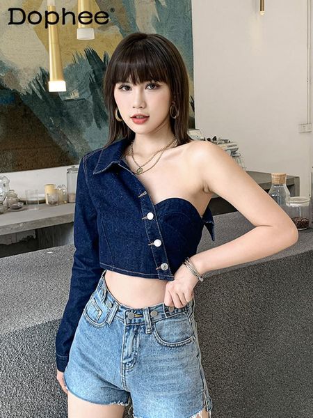 women's blouses & shirts 2021 summer denim shirt women crop off-shoulder long sleeve short coat jean jacket all-matching camisas, White
women's blouses & shirts 2021 summer denim shirt women crop off-shoulder long sleeve short coat jean jacket all-matching camisas, White
