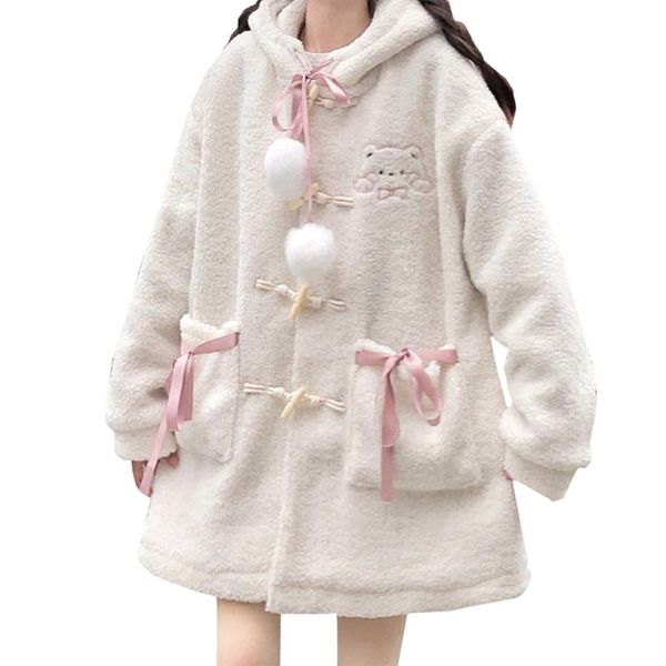 women's wool & blends fashion cute bear plush hooded coat embroidery long sleeve loose cardigan pockets buttons down winter warm, Black
women's wool & blends fashion cute bear plush hooded coat embroidery long sleeve loose cardigan pockets buttons down winter warm, Black