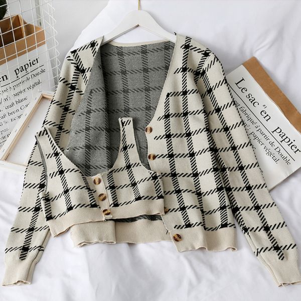 pants streetwear gingham superior harvest and cardigan harajuku suits mesh set of two women's garments chess jumper sweater, White
pants streetwear gingham superior harvest and cardigan harajuku suits mesh set of two women's garments chess jumper sweater, White