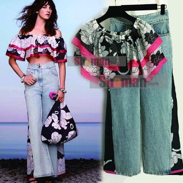 women's two piece pants luxury french designer camellia print 2 outfits for women high waist wide leg denim with crop layer top, White
women's two piece pants luxury french designer camellia print 2 outfits for women high waist wide leg denim with crop layer top, White