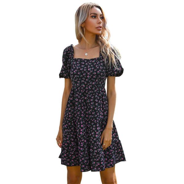 square collar puff sleeve floral print backless dress women ruffle folds elegant boho casual streetwear beach evening dresses 210608, Black;gray
square collar puff sleeve floral print backless dress women ruffle folds elegant boho casual streetwear beach evening dresses 210608, Black;gray