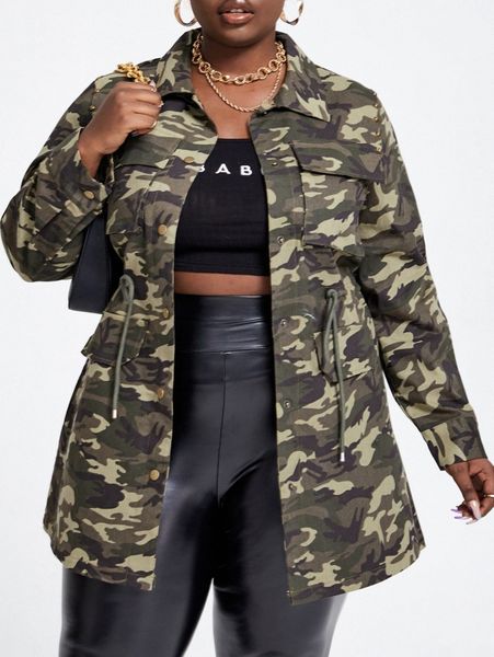 sxy plus drawstring waist camo coat 53k9#, Black