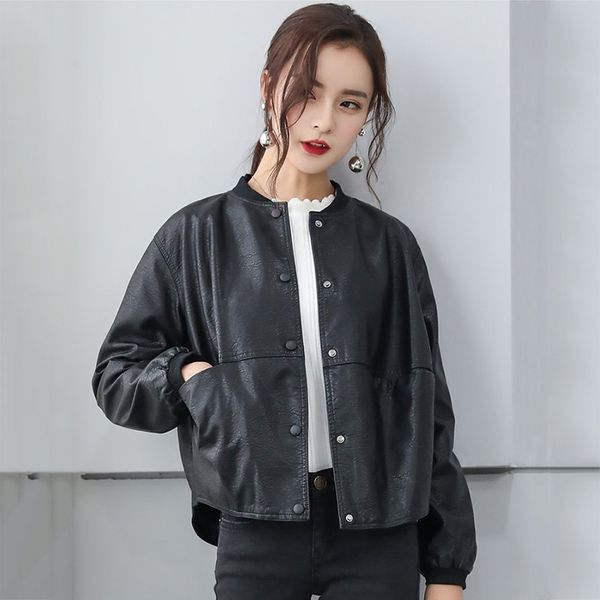women pu leather motorcycle jacket soft faux baseball uniform short coat lady single breasted biker overcoat 210423, Black
women pu leather motorcycle jacket soft faux baseball uniform short coat lady single breasted biker overcoat 210423, Black