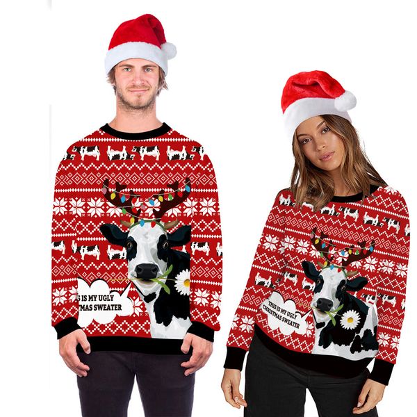 women's christmas cow print crew neck sweater trendy brand casual couple pullover, White;black
women's christmas cow print crew neck sweater trendy brand casual couple pullover, White;black
