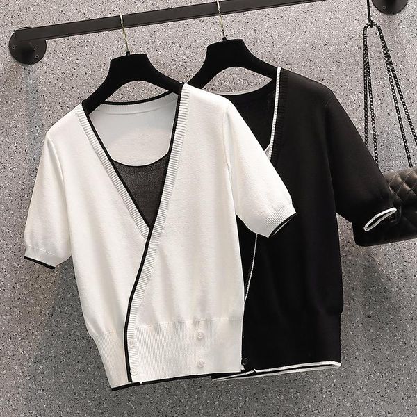 plus size women's knitted t-shirt 2021 summer hit color patchwork knit o neck ladies casual loose tees, White
plus size women's knitted t-shirt 2021 summer hit color patchwork knit o neck ladies casual loose tees, White