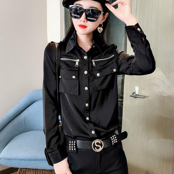 women's blouses & shirts 2021 office lady women black satin autumn shirt with pockets femme zipper, White
women's blouses & shirts 2021 office lady women black satin autumn shirt with pockets femme zipper, White