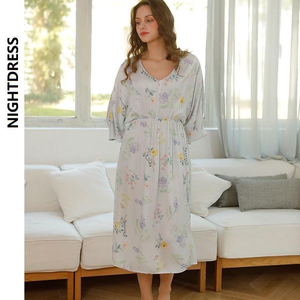 women's sleepwear literary and artistic small fresh spring night gown women satin nightie violet flower thin dress vestidos mujer, Black;red