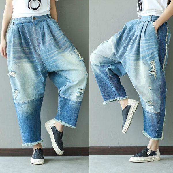 fashion 3/4 pants for women denim jeans trousers loose elastic waist harem with holes summer women's, Blue
fashion 3/4 pants for women denim jeans trousers loose elastic waist harem with holes summer women's, Blue